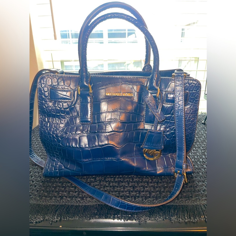 Michael Kors Dillon Embossed Crocodile Blue Leather‎ Satchel